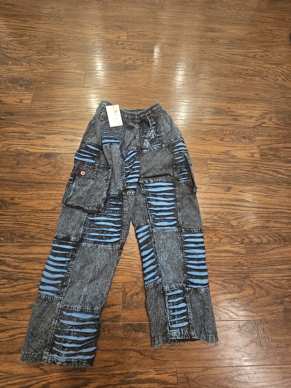 Rising International Black Pants with Blue Striped Patchwork